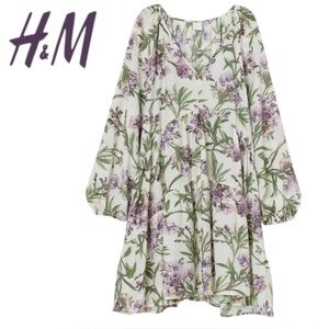 XXL H&M Swingy Short Botanical Print Dress with Balloon Sleeves, NWT